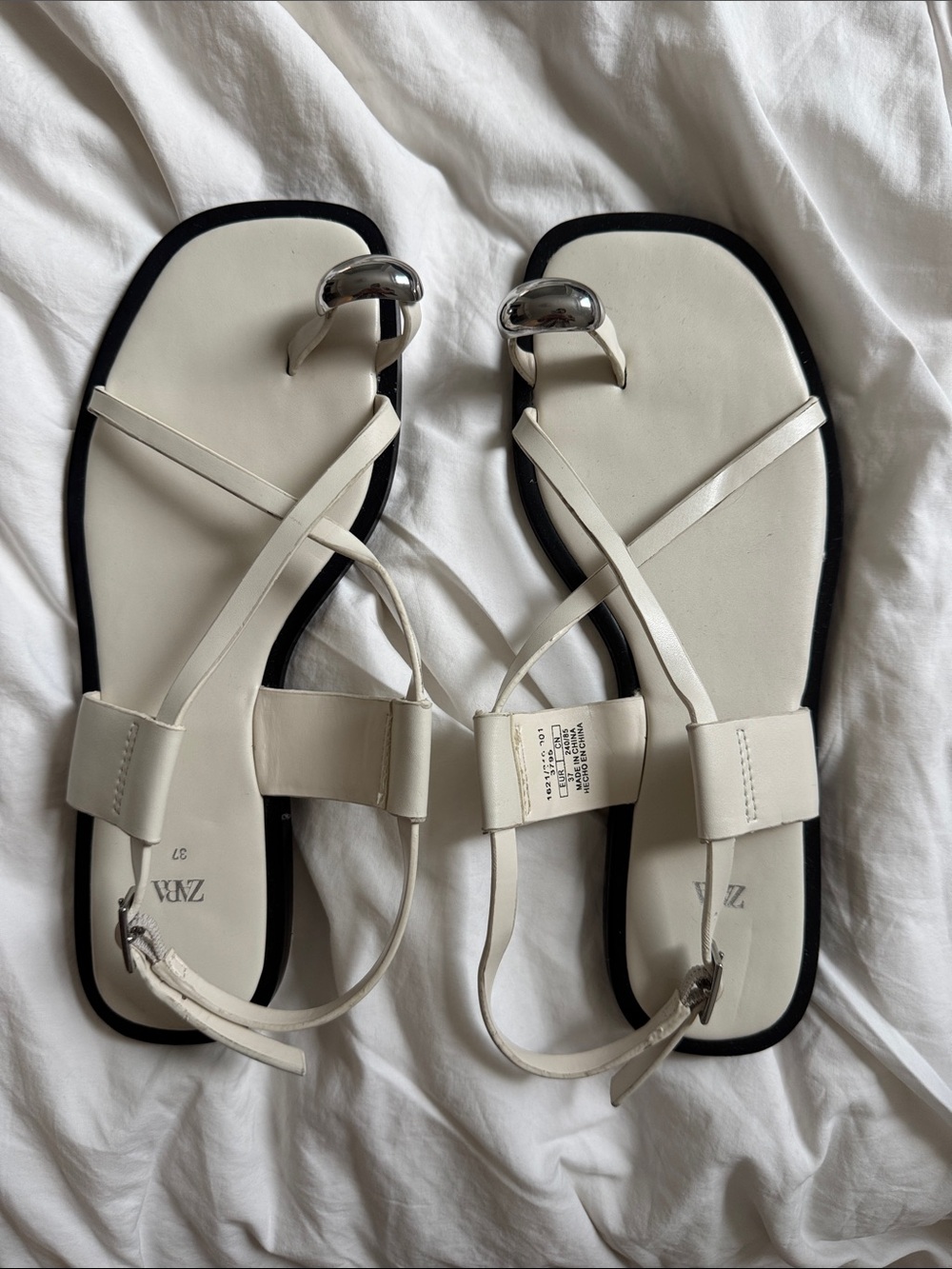 Work Once Zara Cream White Strappy Toe-Ring Sandals with Black Trim
